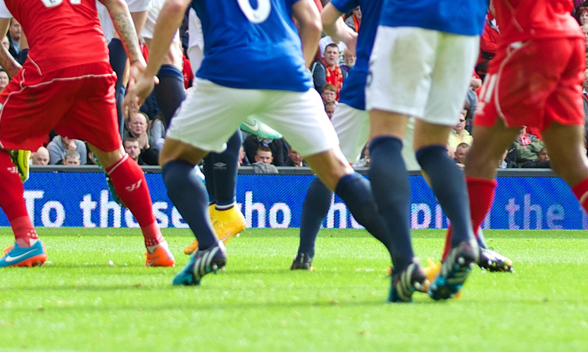 Everton and Liverpool players at the 2014 Derby