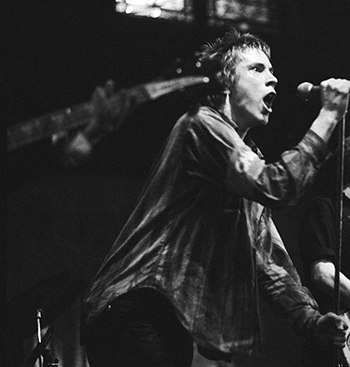 A black and white photo of Johnny Rotten
