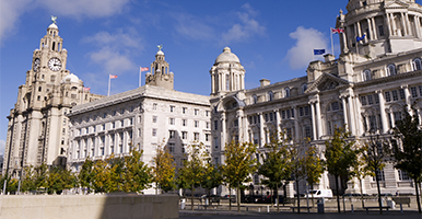 Image of the Royal Liver Building and the Cunard Building.