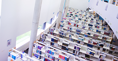 Overhead view of shelves containing books in a library