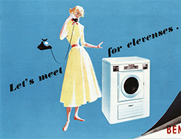 Advert for the home and away collection showing a woman on the phone next to a washing machine