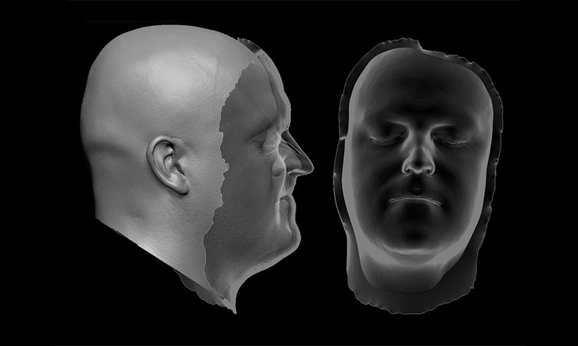 3D render of a head with the face overlaid as a separate element.