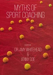 Front cover of the Myths of Sport Coaching book – red back ground with yellow tennis balls scattered around.
